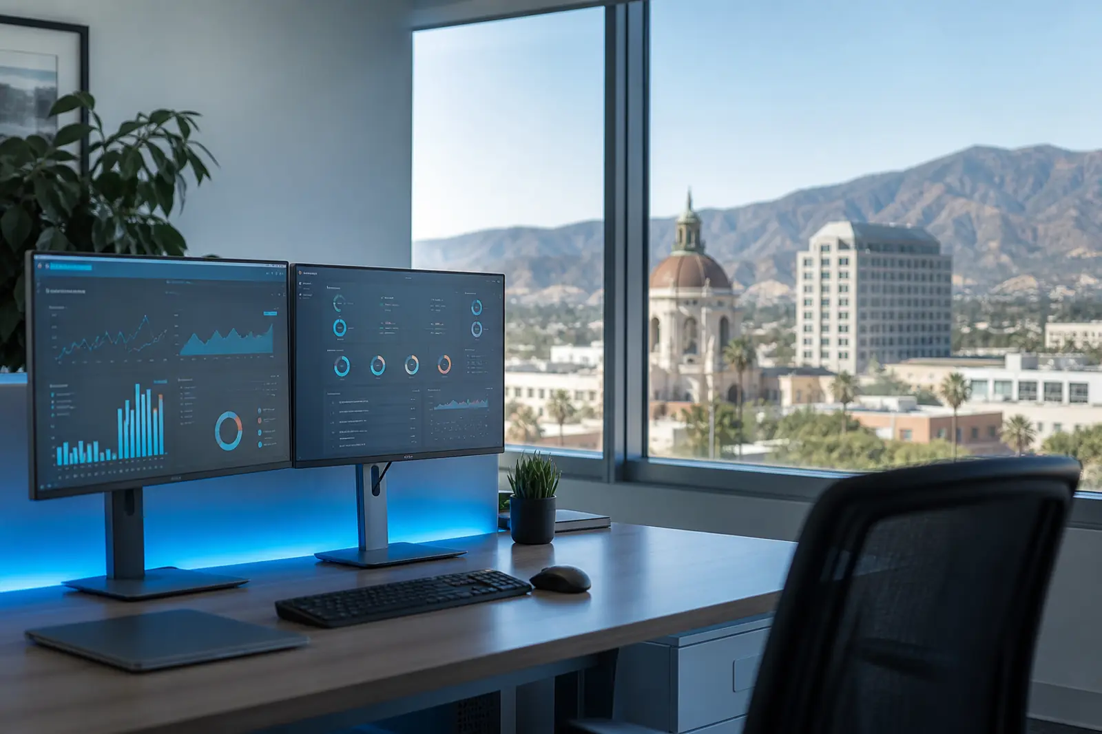 Alcala Consulting Pasadena office — managed IT workspace overlooking the city